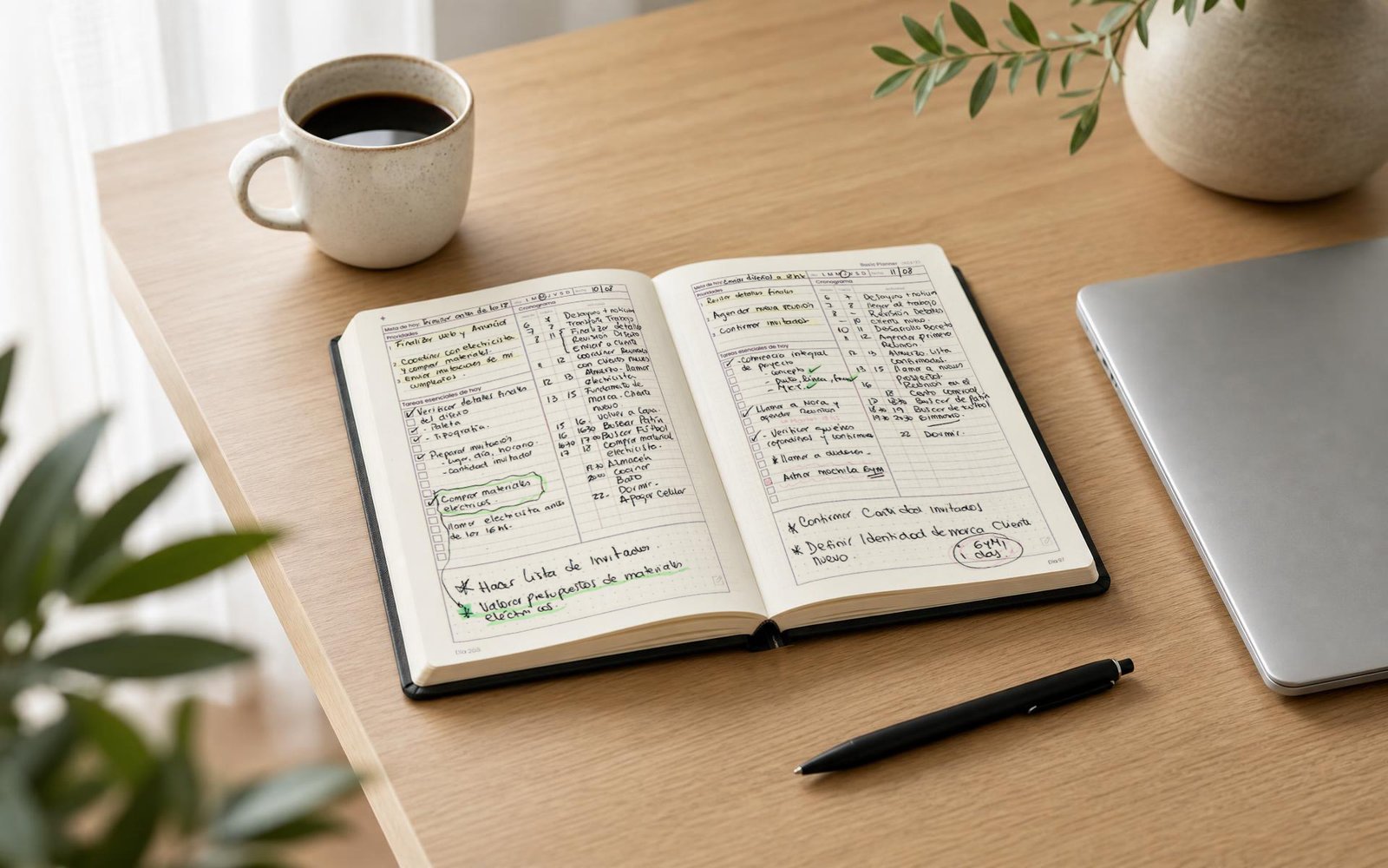 Serene desk by the window with an open planner